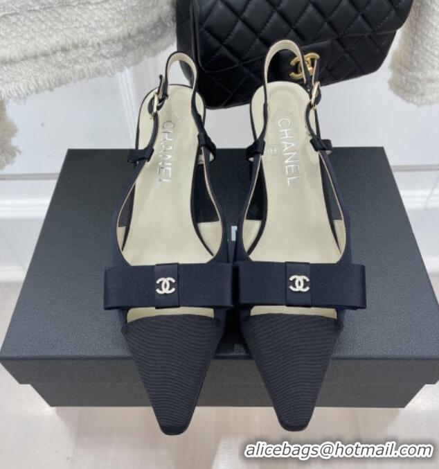 Hot Style Chanel Vintage Silk Slingback Pumps 5cm with Bow Black 022256