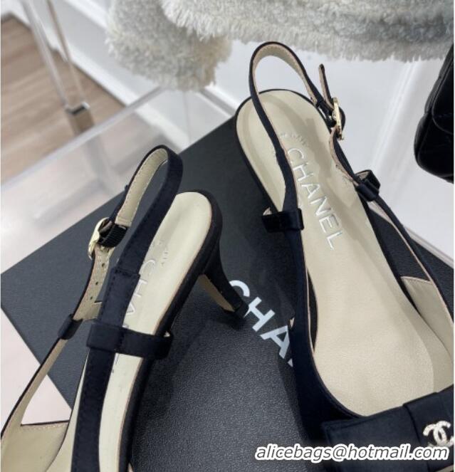 Hot Style Chanel Vintage Silk Slingback Pumps 5cm with Bow Black 022256