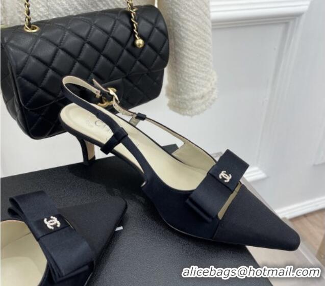 Hot Style Chanel Vintage Silk Slingback Pumps 5cm with Bow Black 022256