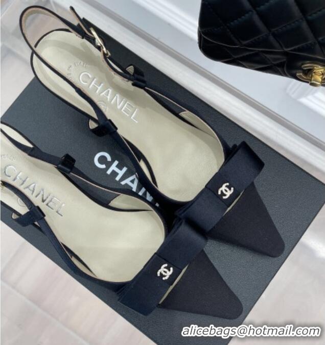 Hot Style Chanel Vintage Silk Slingback Pumps 5cm with Bow Black 022256