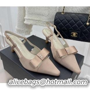 Popular Style Chanel Vintage Silk Slingback Pumps 5cm with Bow Nude 022257