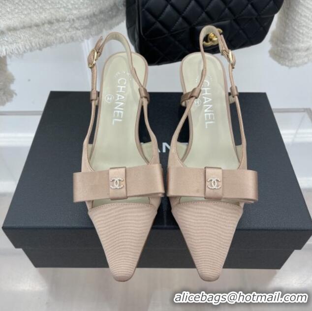 Popular Style Chanel Vintage Silk Slingback Pumps 5cm with Bow Nude 022257