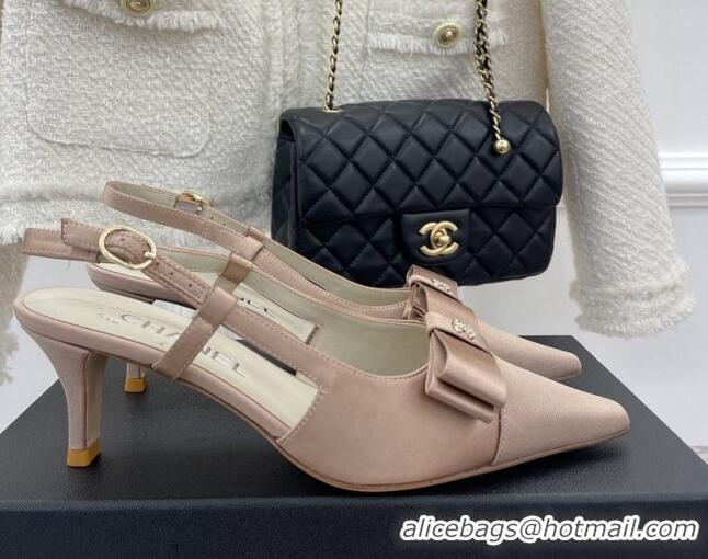 Popular Style Chanel Vintage Silk Slingback Pumps 5cm with Bow Nude 022257