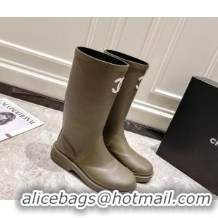 Luxury Chanel Rubber Rain Boots Olive 022259