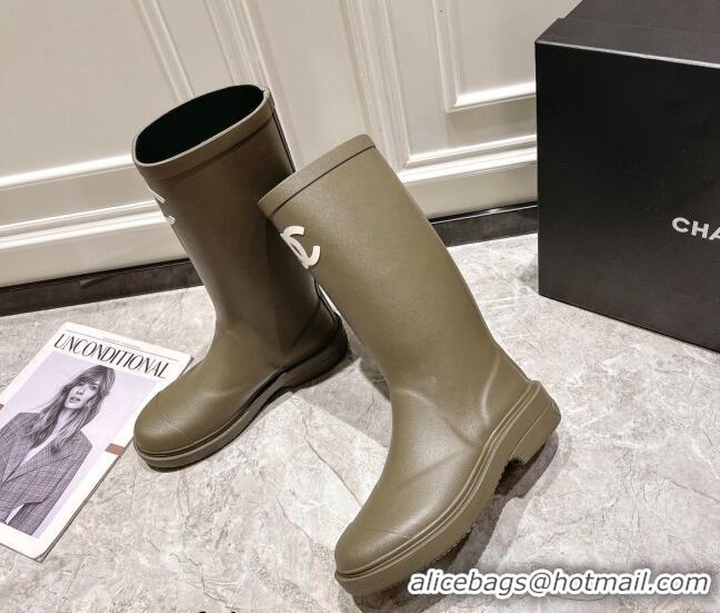 Luxury Chanel Rubber Rain Boots Olive 022259