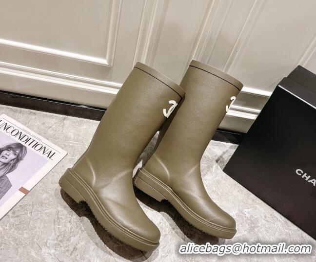 Luxury Chanel Rubber Rain Boots Olive 022259