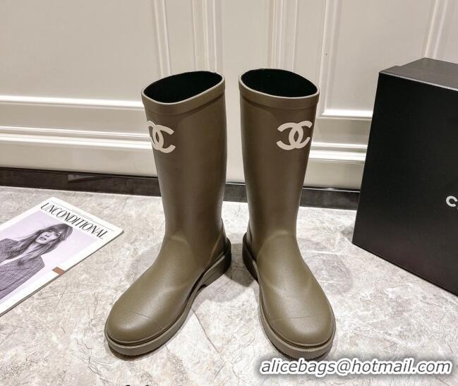 Luxury Chanel Rubber Rain Boots Olive 022259