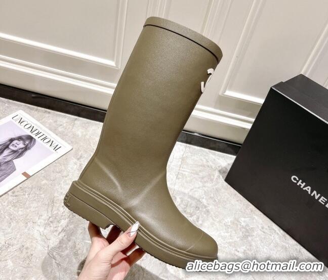 Luxury Chanel Rubber Rain Boots Olive 022259