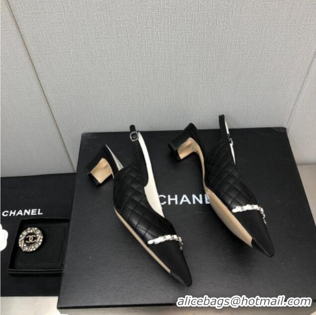 Durable Chanel Quilted Leather & Grosgrain Slingback Pumps 4.5cm with Chain G39643 Black 022263