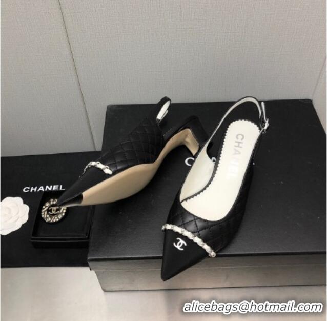 Durable Chanel Quilted Leather & Grosgrain Slingback Pumps 4.5cm with Chain G39643 Black 022263