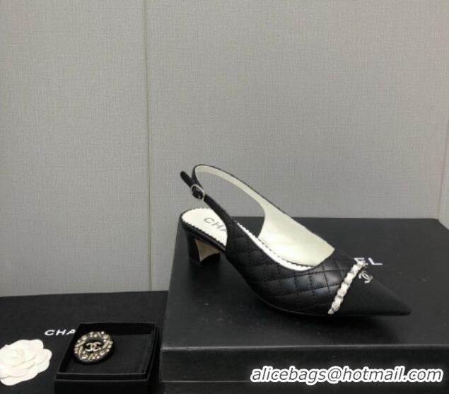 Durable Chanel Quilted Leather & Grosgrain Slingback Pumps 4.5cm with Chain G39643 Black 022263