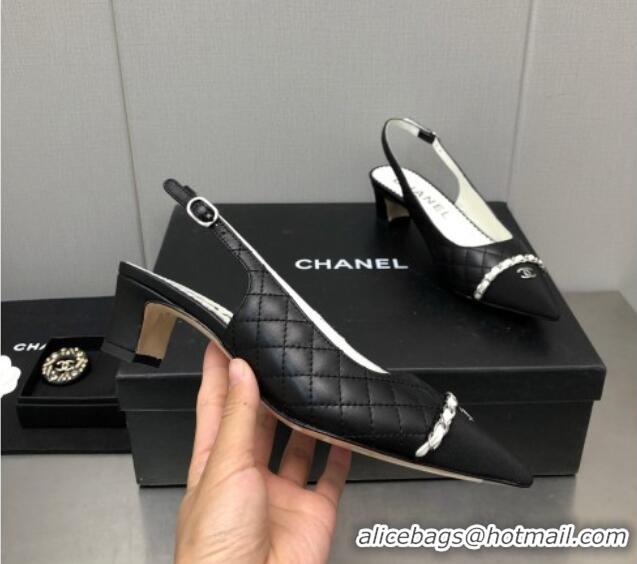 Durable Chanel Quilted Leather & Grosgrain Slingback Pumps 4.5cm with Chain G39643 Black 022263