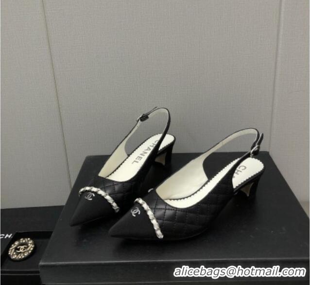 Durable Chanel Quilted Leather & Grosgrain Slingback Pumps 4.5cm with Chain G39643 Black 022263