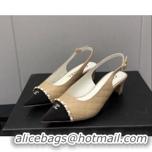 Discount Chanel Quilted Leather & Grosgrain Slingback Pumps 4.5cm with Chain G39643 Beige 022264