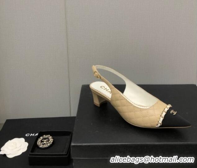 Discount Chanel Quilted Leather & Grosgrain Slingback Pumps 4.5cm with Chain G39643 Beige 022264