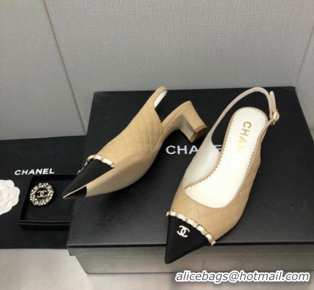 Discount Chanel Quilted Leather & Grosgrain Slingback Pumps 4.5cm with Chain G39643 Beige 022264