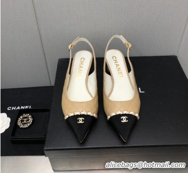 Discount Chanel Quilted Leather & Grosgrain Slingback Pumps 4.5cm with Chain G39643 Beige 022264