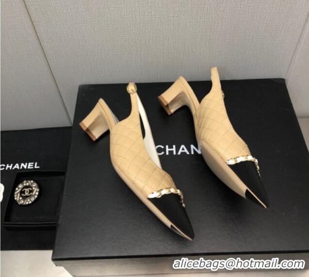 Discount Chanel Quilted Leather & Grosgrain Slingback Pumps 4.5cm with Chain G39643 Beige 022264