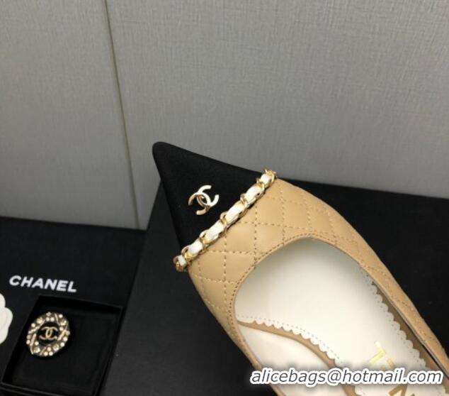 Discount Chanel Quilted Leather & Grosgrain Slingback Pumps 4.5cm with Chain G39643 Beige 022264