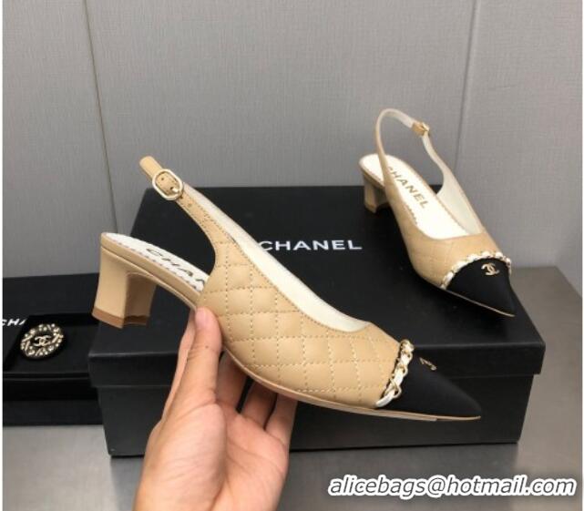 Discount Chanel Quilted Leather & Grosgrain Slingback Pumps 4.5cm with Chain G39643 Beige 022264