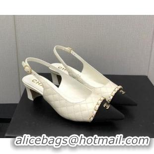 Most Popular Chanel Quilted Leather & Grosgrain Slingback Pumps 4.5cm with Chain G39643 White 022265