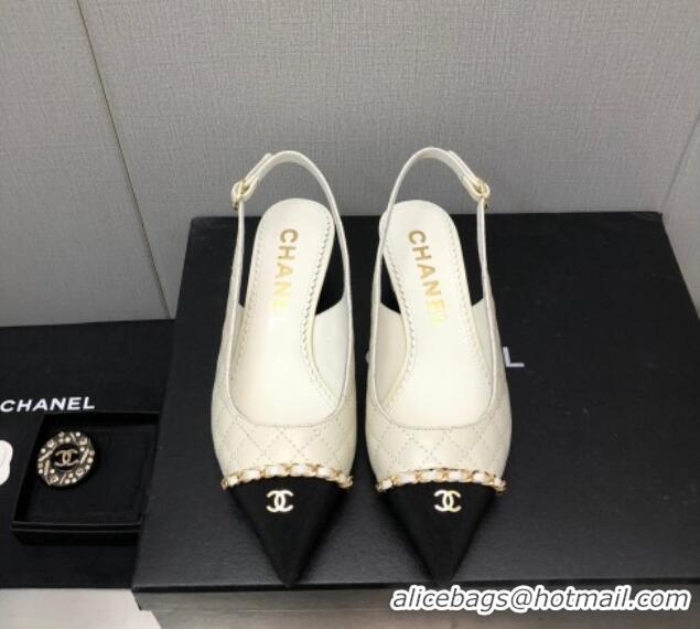 Most Popular Chanel Quilted Leather & Grosgrain Slingback Pumps 4.5cm with Chain G39643 White 022265