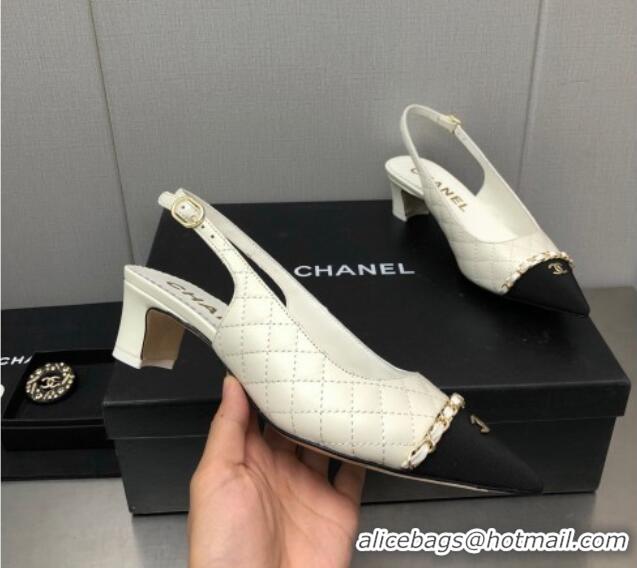 Most Popular Chanel Quilted Leather & Grosgrain Slingback Pumps 4.5cm with Chain G39643 White 022265