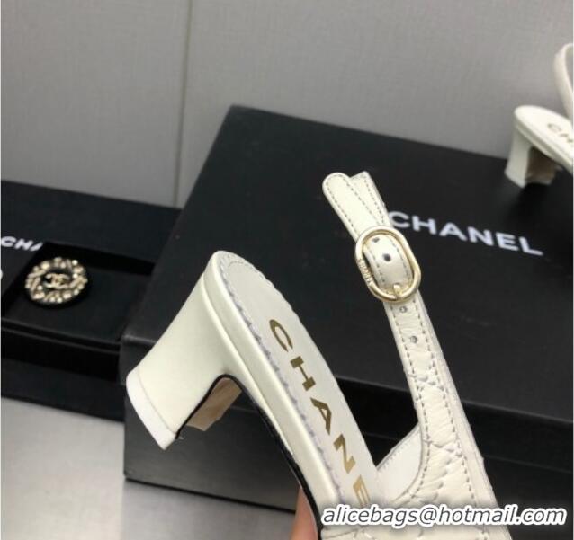 Most Popular Chanel Quilted Leather & Grosgrain Slingback Pumps 4.5cm with Chain G39643 White 022265