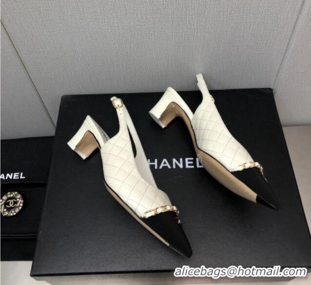 Most Popular Chanel Quilted Leather & Grosgrain Slingback Pumps 4.5cm with Chain G39643 White 022265