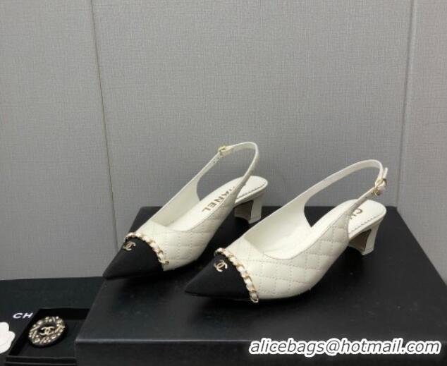 Most Popular Chanel Quilted Leather & Grosgrain Slingback Pumps 4.5cm with Chain G39643 White 022265