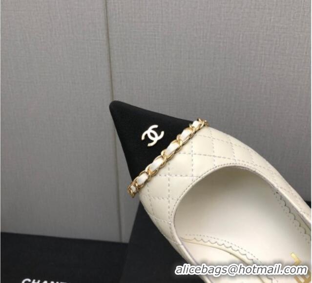 Most Popular Chanel Quilted Leather & Grosgrain Slingback Pumps 4.5cm with Chain G39643 White 022265