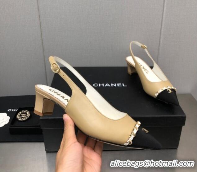 Charming Chanel Calfskin & Grosgrain Slingback Pumps 4.5cm with Chain G39643 Beige 022266