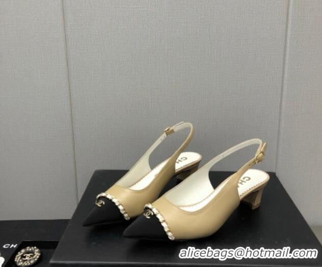 Charming Chanel Calfskin & Grosgrain Slingback Pumps 4.5cm with Chain G39643 Beige 022266