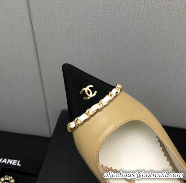 Charming Chanel Calfskin & Grosgrain Slingback Pumps 4.5cm with Chain G39643 Beige 022266