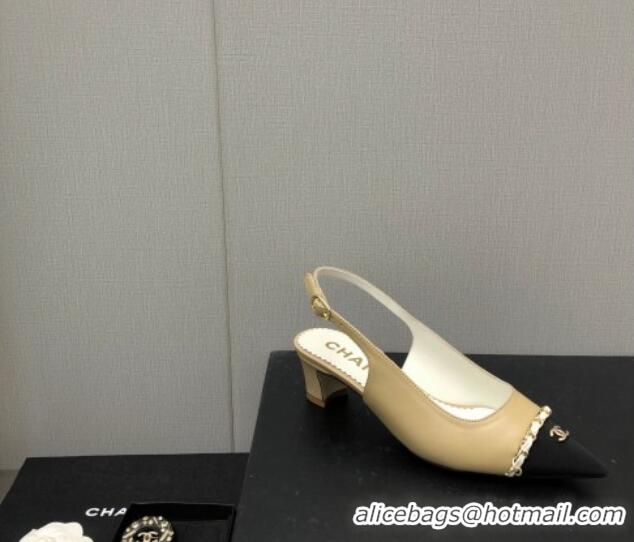 Charming Chanel Calfskin & Grosgrain Slingback Pumps 4.5cm with Chain G39643 Beige 022266