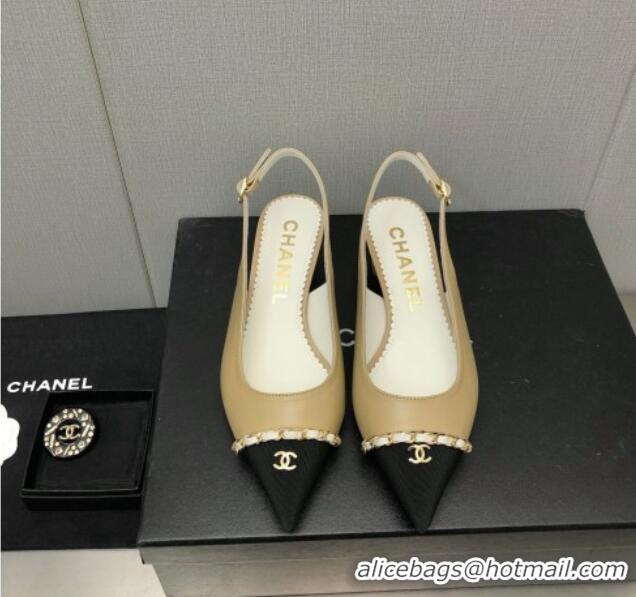 Charming Chanel Calfskin & Grosgrain Slingback Pumps 4.5cm with Chain G39643 Beige 022266