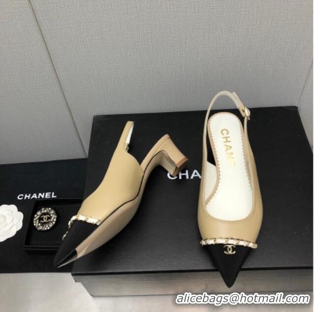 Charming Chanel Calfskin & Grosgrain Slingback Pumps 4.5cm with Chain G39643 Beige 022266