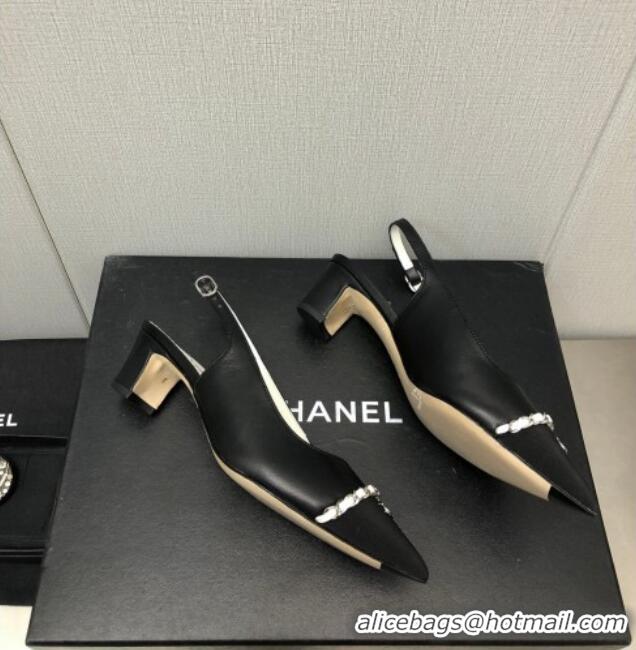 Sumptuous Chanel Calfskin & Grosgrain Slingback Pumps 4.5cm with Chain G39643 Black 022267