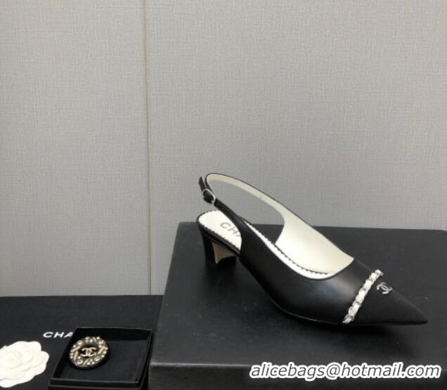 Sumptuous Chanel Calfskin & Grosgrain Slingback Pumps 4.5cm with Chain G39643 Black 022267