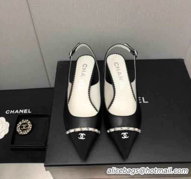 Sumptuous Chanel Calfskin & Grosgrain Slingback Pumps 4.5cm with Chain G39643 Black 022267