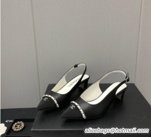 Sumptuous Chanel Calfskin & Grosgrain Slingback Pumps 4.5cm with Chain G39643 Black 022267