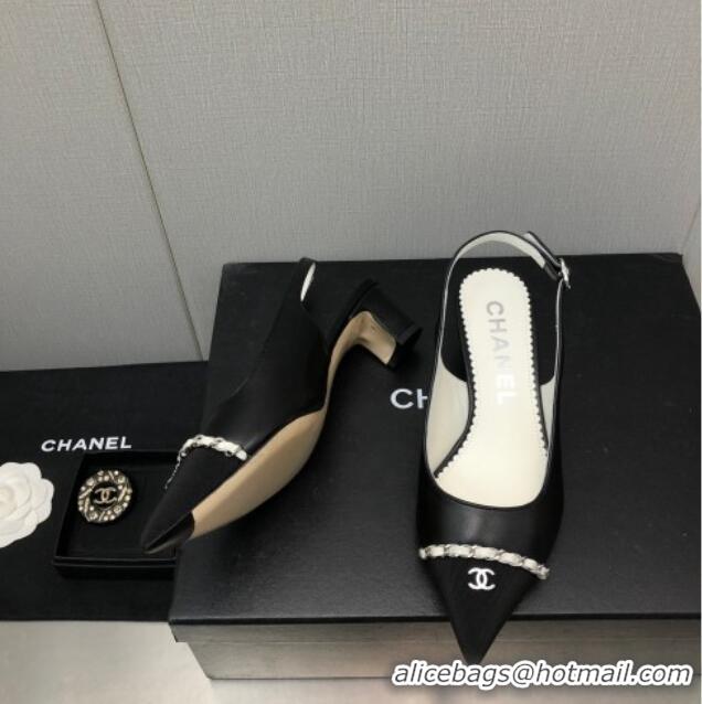 Sumptuous Chanel Calfskin & Grosgrain Slingback Pumps 4.5cm with Chain G39643 Black 022267