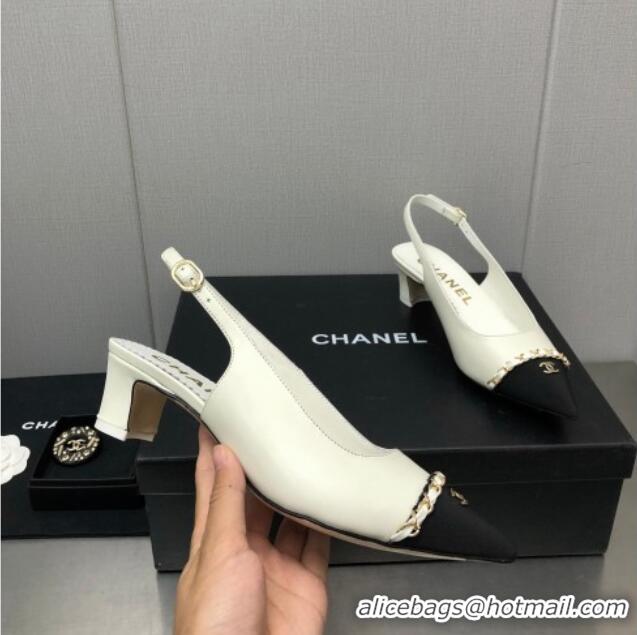 Good Quality Chanel Calfskin & Grosgrain Slingback Pumps 4.5cm with Chain G39643 White 022268