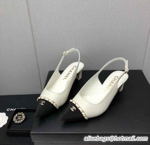 Good Quality Chanel Calfskin & Grosgrain Slingback Pumps 4.5cm with Chain G39643 White 022268