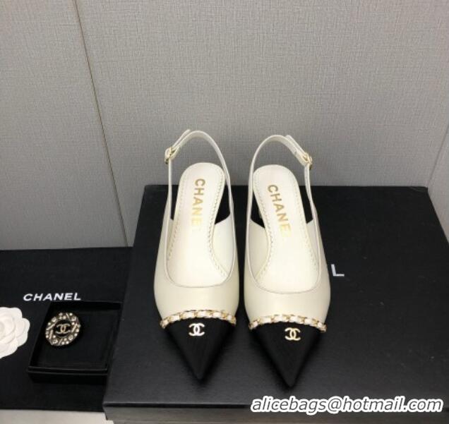 Good Quality Chanel Calfskin & Grosgrain Slingback Pumps 4.5cm with Chain G39643 White 022268