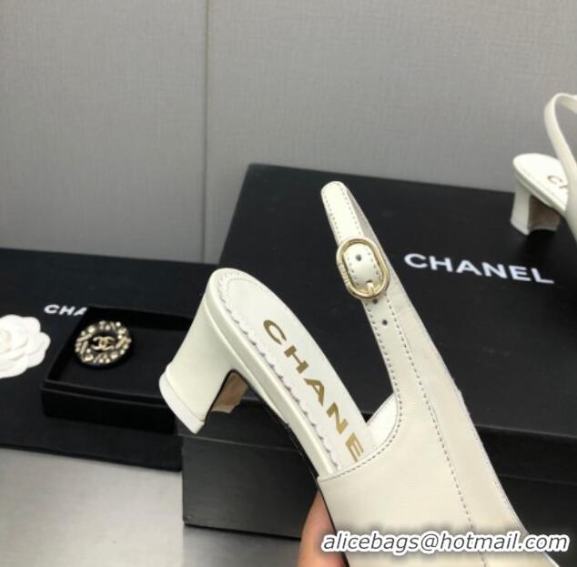 Good Quality Chanel Calfskin & Grosgrain Slingback Pumps 4.5cm with Chain G39643 White 022268