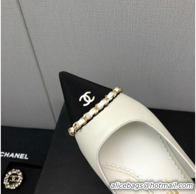 Good Quality Chanel Calfskin & Grosgrain Slingback Pumps 4.5cm with Chain G39643 White 022268