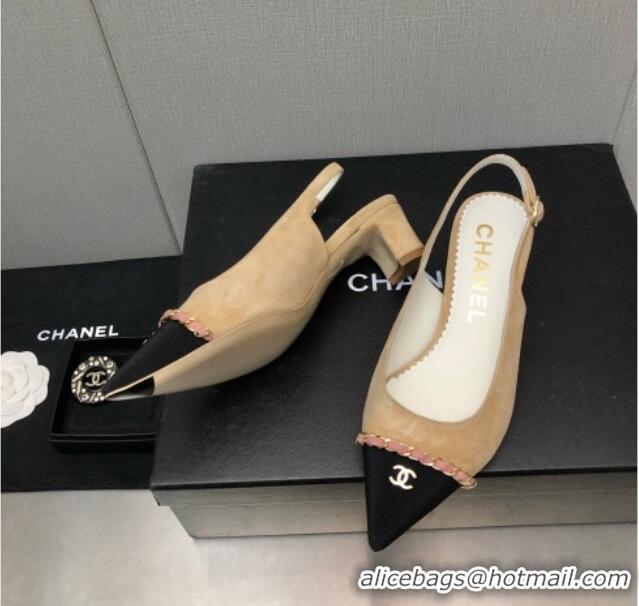 Sophisticated Chanel Suede & Grosgrain Slingback Pumps 4.5cm with Chain G39643 Beige 022269