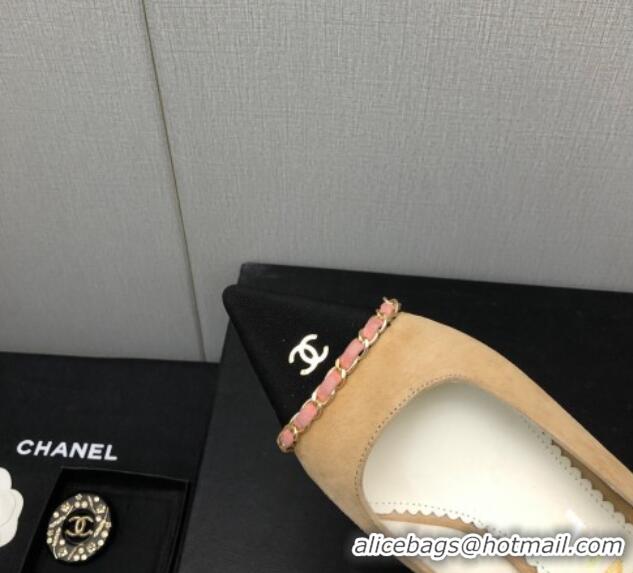 Sophisticated Chanel Suede & Grosgrain Slingback Pumps 4.5cm with Chain G39643 Beige 022269