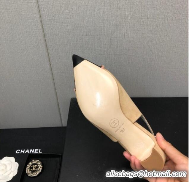 Sophisticated Chanel Suede & Grosgrain Slingback Pumps 4.5cm with Chain G39643 Beige 022269